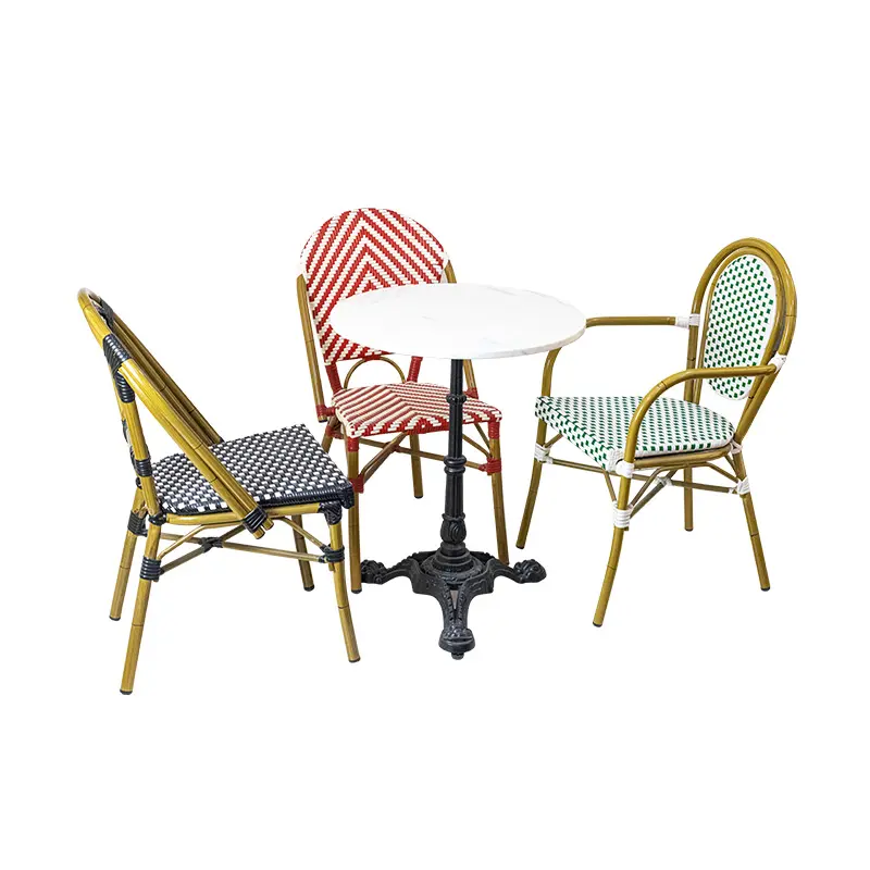 Hendry Mobilier d'extérieur Restaurant Café Chaises de salle à manger Jardin Aluminium Rotin Osier Patio Français Bistro Chaises Et Table Ensemble