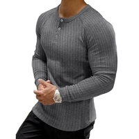 T-shirt de sport à manches longues Henley 100% coton pour hommes, col en V coupe ajustée avec bouton, chemises de mode tissées légères