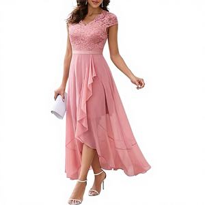 ชุดเดรสแฟชั่นงานปาร์ตี้ คอวี สีพื้น แขนสั้น ผ้าลูกไม้ตาข่าย ยาว  ขายตรงจากโรงงาน - Product Image 1