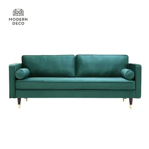 Grünes Samt Sofa Canape Velours moderne mit 2 runden Polstern 3-Sitzer Couch Sofa mit Holzbeinen und Goldring