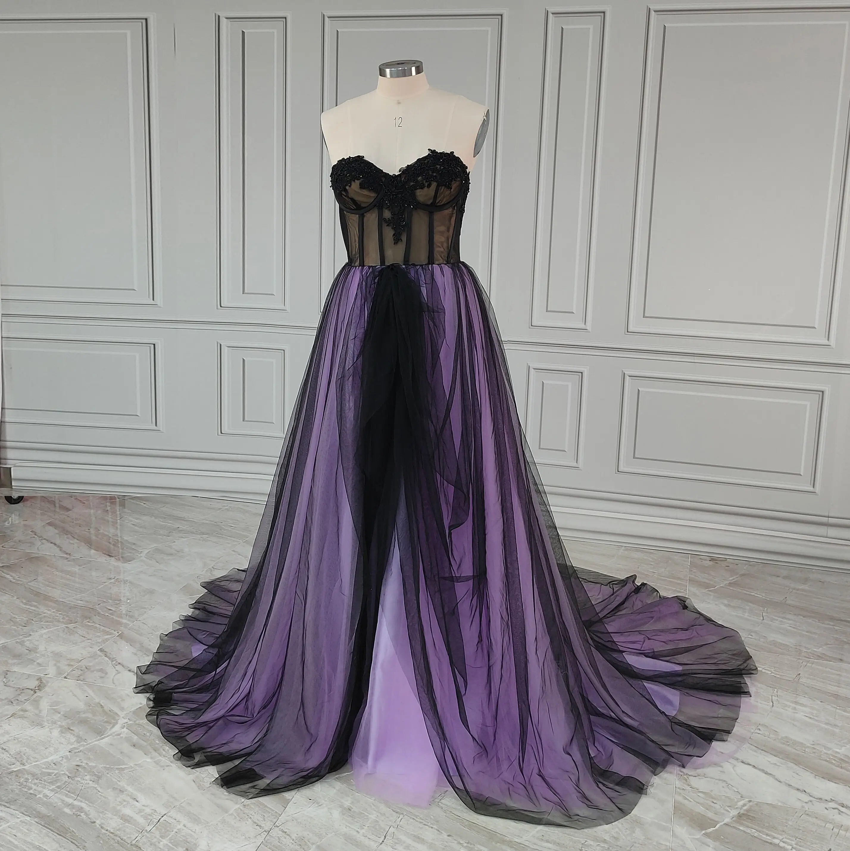 High Quality Customized Color Deep Purple Tulle Evening Party Dress with Beaded Neckline Decoration A-line Bride Wedding Gown