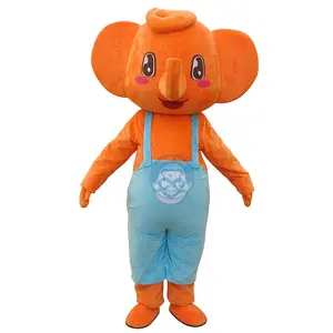 Qiman kostum maskot kartun hewan mewah gajah oranye ukuran dewasa kustom untuk dijual