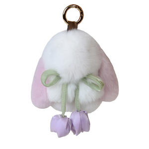 Lapin mignon porte-clés anneau moelleux vraie fourrure pompon lapin bibelot porte-clés breloque - Product Image 2