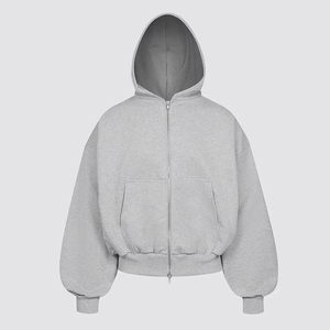 Sudadera con capucha de doble cremallera con logotipo personalizado, de algodón grueso de 450 GSM, estilo cropped, de felpa francesa, unisex, ecológica, con bordado 3D. - Product Image 3