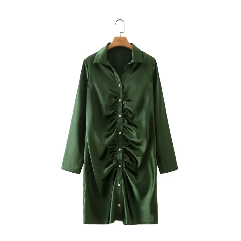 Women Shirt Dresses Green Color Long Sleeve Button Up Silky Women Casual Fashion Satin Shirt Dress