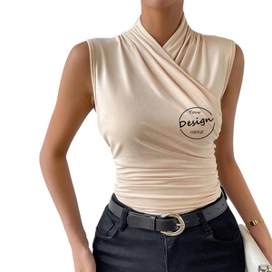 Camiseta sin mangas de LICRA de alta elasticidad en blanco personalizada al por mayor ajustada suave transpirable pecho chaleco cruzado cintura plisada Mujer moda camiseta sin mangas - Product Image 6