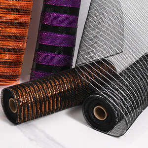 Pita Jala Dekorasi Halloween, Kain Jala Hitam dengan Strip Foil Metalik, Gulungan Jala Keras untuk Pembuatan Karangan Bunga DIY untuk Pesta Halloween - Product Image 3