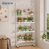 Chariot de présentation de fleurs moderne, portable et pliable, avec panneau supérieur en grille blanche, organisateur à 4 niveaux avec crochets métalliques pour balcon, patio, jardin