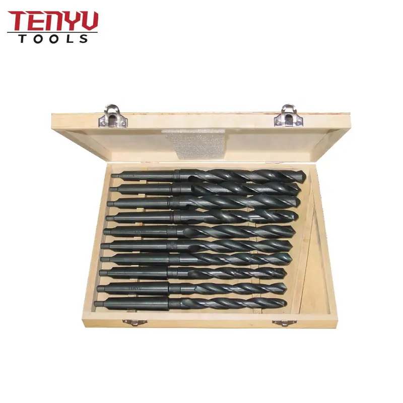 10Pcs Morse Taper Shank Drill Bit DIN345 Drill Bits Set Black Oxide Finish in One Wooden Box for Metal Stainless Steel Drilling