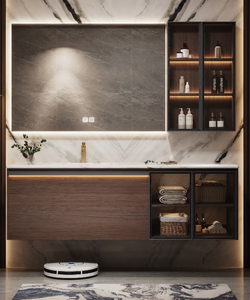 French Modern Style Eco-Friendly <strong>Wood</strong> <strong>Bathroom</strong> <strong>Cabinet</strong> with Custom Ceramic Sink Smart Mirror Vanity for Small Apartment - Product Image 1