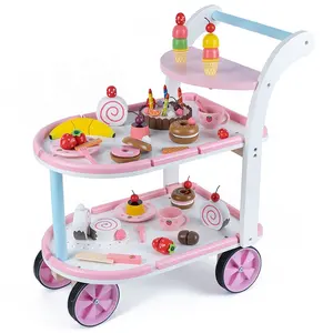 Manufacturer Supplier 2021 New Children Funny Game Simulation Kitchen Party Cart Diy Dessert Play Set Wooden Pretend Cake Toys