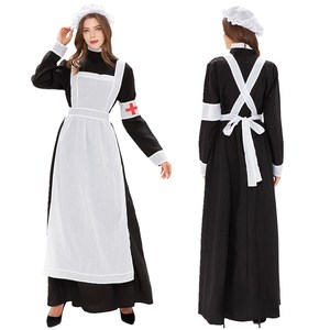Disfraz de enfermera de Halloween para mujer, vestido largo negro con delantal y sombrero para actuaciones en escenario - Product Image 1
