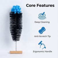 Ensemble de brosses de nettoyage de bouteilles à long manche en bois avec poignée en T, sans angle mort, avec poils en nylon et embout éponge, pour la maison, les cafés et les articles de boisson