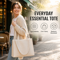 Tas Tote Kanvas Wanita Fashion Ukuran Besar Terstruktur dengan Kantong Depan, Tali Bahu Panjang, Penutup Ritsleting, Bahan Corduroy, Cocok untuk Kegunaan Sehari-hari, Grosir