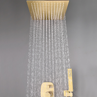 Ensemble de salle de bain moderne mural en laiton de luxe, finition brossée, avec robinets thermostatiques carrés à LED et système de douche pluie à jet.