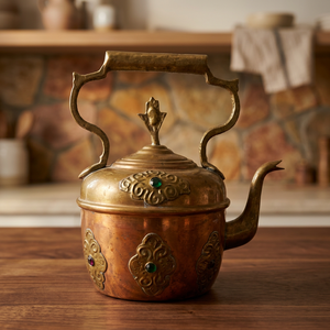 Vintage Brass Tea Kettle With <b>Lid</b> Metal Handle Ornate Design Turquoise Inlays Water <b>Pot</b> Kettles - Product Image 6