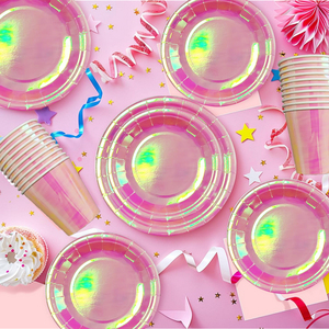Assiettes en papier d'<span class=keywords><strong>anniversaire</strong></span> en gros, fournitures <span class=keywords><strong>de</strong></span> fête, serviettes en papier doux, ensembles <span class=keywords><strong>de</strong></span> vaisselle jetables en feuille holographique rose - Product Image 2