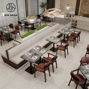 Asientos de Banco de Cuero PU Beige Personalizados y Contemporáneos para Restaurante, con Mesa de Piedra y Silla de Madera para Cafetería, Tienda de Café y Té - Product Image 3