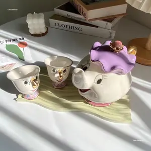 Théière en céramique plaquée or La Belle et la Bête avec motif vent, tasses Mme Potts et Mme Aqi - Cadeau d'anniversaire et de Noël - Product Image 2