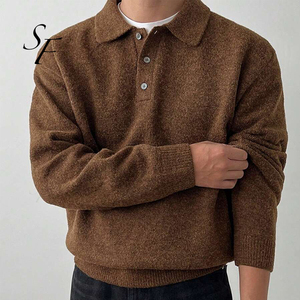Suéter de <span class=keywords><strong>hombre</strong></span> personalizado de alta calidad para otoño e invierno, informal, cálido, cómodo, de punto acanalado, con botón de solapa marrón sólido - Product Image 2