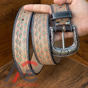 Nuevo Western Stylish Real Genuine Hand Tooled Leather Floral Paint Designer Belts Cinturón de cintura unisex de cuero hecho a mano de alta calidad - Product Image 1