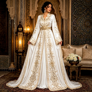 Elegant Embroidered Polyester Non-Stretch <b>Abaya</b> <b>Dress</b> Floor Length V Neck Long Sleeve Geometric Pattern Wedding Women Middle - Product Image 1