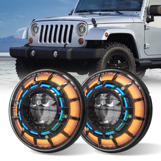 LOYO RGB LED Headlight 7 Inch Round Headlight DRL/Amber/Turn Signal Car Driving Light Heavy Duty Round Headlight With H3 H14