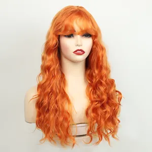 Yeni varış uzun kıvırcık parlak turuncu peruk sentetik isıya dayanıklı saç peruk patlama ile kadınlar için günlük parti Cosplay