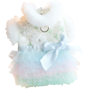 <b>Pet</b> Princess Lace Dress With Fur <b>Collar</b> And Bow For Small Dogs Winter Autumn Cotton Padded Clothes Green And Pink - Product Image 5