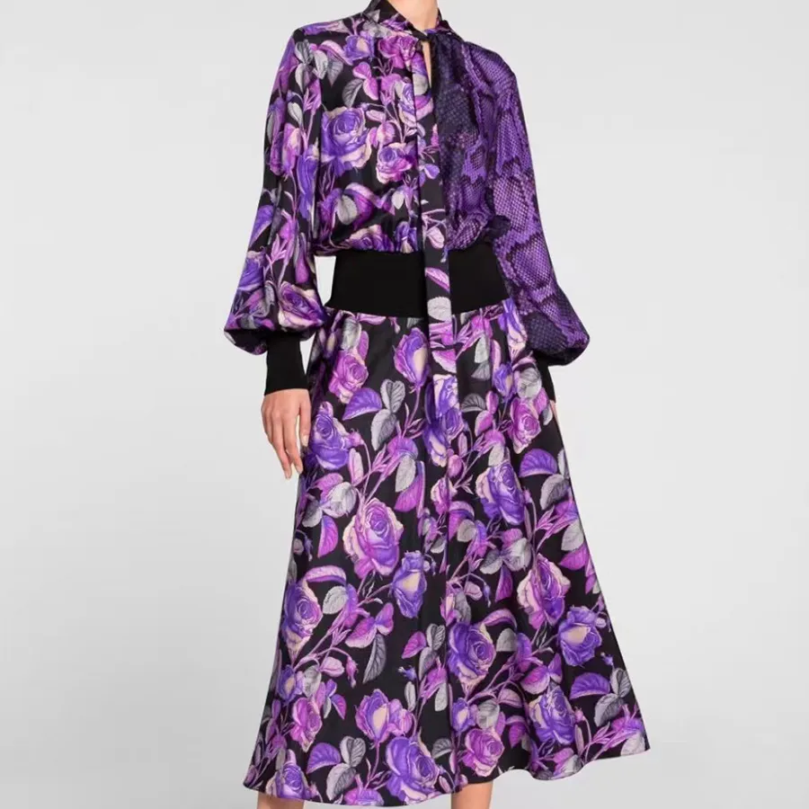 2023 Grace Chiffon Rose Print Round Neck Swing Mid Waist Dress Women's Patchwork Leopard Pattern Long Sleeve Dress