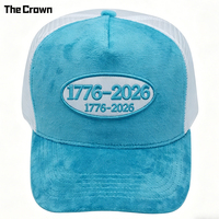 Gorra Trucker de 5 Paneles de Gamuza con Logotipo Personalizado, Venta al por Mayor, Malla Trasera, Parche Bordado, Fabricante de Gorras de Aniversario de EE. UU.