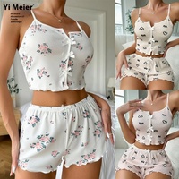 Ensemble de pyjamas d'été transfrontaliers pour femmes col en v haut à bretelles garniture de laitue Shorts imprimé de cils respirant tricoté décontracté léopard