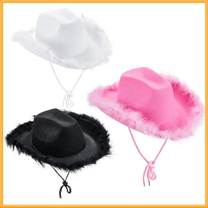 Sombreros de estilo occidental rosa para mujer y niña, sombrero de Fedora enrollado, sombrero de vaquero de playa con borde de pluma - Product Image 3