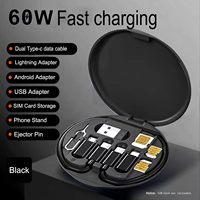 Kabel USB Tipe C 60W, Kit adaptor antarmuka USB-C dengan lampu mikro, pemegang kartu SIM 5 in 1 kotak penyimpanan kabel Data Multi USB