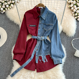 Modieuze Vintage Denim <span class=keywords><strong>Blouses</strong></span> Tops Lange Mouwen Slanke Taille Contrast Damesshirts Casual Patchwork Elegante Jeans Tops - Product Image 4