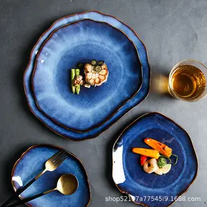 Cat Eye Blue Ceramic Porcelain Food Flat Plate Irregular Dish Dinnerware 8/10/12 Inch Blue Dessert Pasta Charger Plates