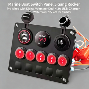 Panel de interruptores marinos de 5 posiciones, precableado, con voltímetro y puerto de carga USB dual de 4.2A, IP65, para pontón, yate, RV, camión - Product Image 1