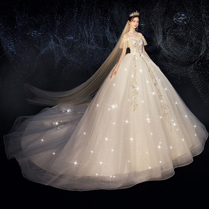 Wedding Dress Off Shoulder Sweetheart Empire Waist Floor Length Tulle Princess Style Plus Size Bridal Gown With Starry Train - Product Image 3
