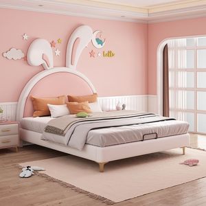 Childrens <b>Bed</b> Pink Bunny Design Solid Wood And Genuine Leather Single <b>Double</b> Size Kids Bedroom Furniture - Product Image 1