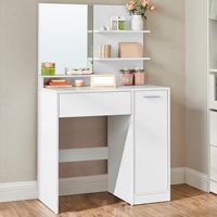 Table de maquillage moderne avec grand miroir, étagères réglables, 1 tiroir, 2 étagères ouvertes, blanche