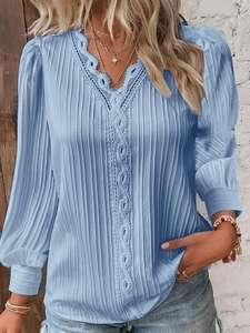 Fall Top Simple Elegant Street Blouse Loose Stitching V-neck Long <b>Sleeve</b> Pullover <b>Shirt</b> Women's Lace <b>Shirt</b> - Product Image 2