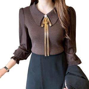 New Fashion Women Spring Lady Sim top lavorato a <span class=keywords><strong>maglia</strong></span> manica lunga a sbuffo risvolto Riband collare per bambole top <span class=keywords><strong>vestiti</strong></span> Casual Pullover maglieria - Product Image 2