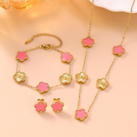 Ensemble de bijoux de luxe en gros, plaqué or 18 carats, acier inoxydable, 3 pièces : boucles d'oreilles, bracelet, collier, motif trèfle à cinq feuilles, nacre, cadeau