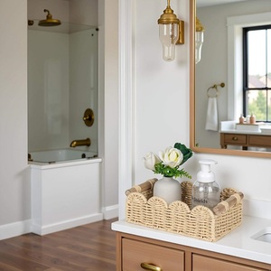<span class=keywords><strong>Panier</strong></span> de rangement pour papier toilette en corde de papier à bords festonnés 2026, 2 poignées en bois, 14"D x 6.3"W x 3.9"H pour salon - Product Image 3
