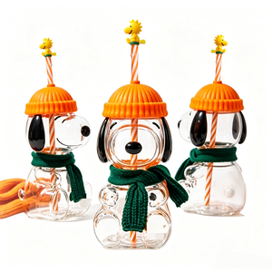 Offre Spéciale – Tasse à paille en verre borosilicate haute qualité avec couvercle, motif chien 3D en dessin animé, idéale pour les cadeaux d'anniversaire d'enfants et la décoration de chapeaux et écharpes tricotés. - Product Image 3