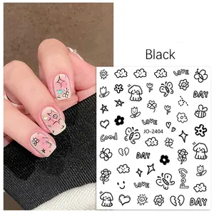 3D nail stickers black and white red nail art design Rainbow kitten flower decals Valentine's Day nail supply stickers