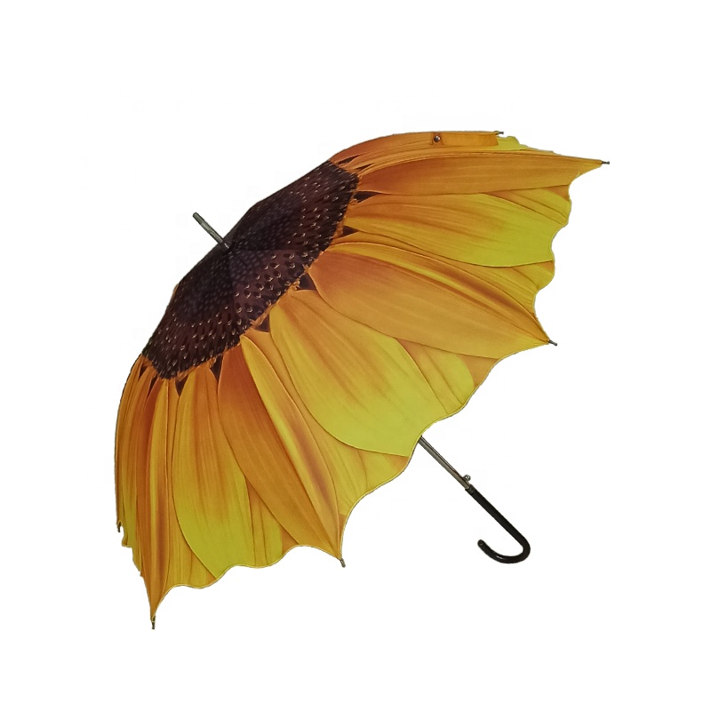 Flower Shape Edge Hook Handle Straight Lady Sunflower Umbrella