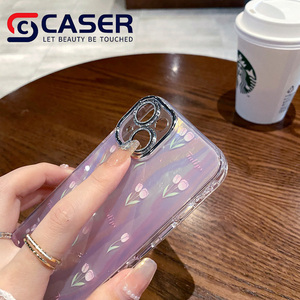 Custodia per telefono cellulare con pellicola di lusso colorata a conchiglia lucida per iPhone 15 e 14 simpatici tulipani con Design a forma di tulipano - Product Image 5