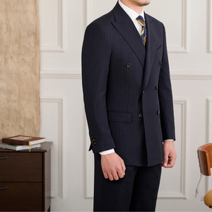 Completo Uomo di Alta Qualità in Tessuto Elasticizzato <span class=keywords><strong>Blu</strong></span> a Righe Formali Doppiopetto con Risvolto a Punta <span class=keywords><strong>Pantaloni</strong></span> con Pieghe e Polsini 2 Pezzi - Product Image 4