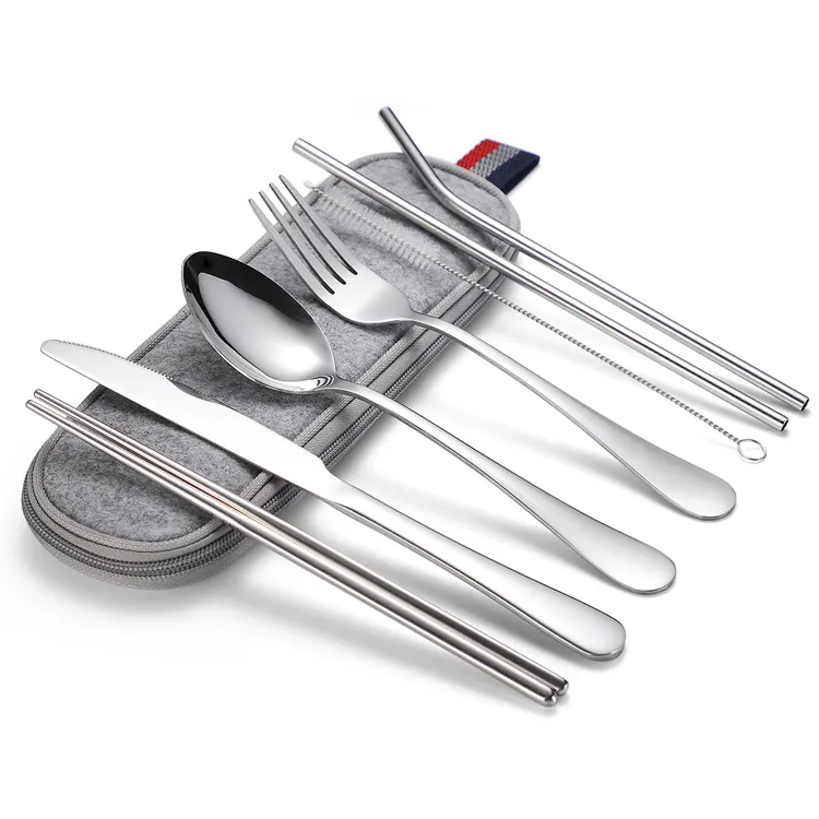 Amazon hot sale 8pcs reusable stainless steel portable travel cutlery set knife fork spoon and chopstick straw with bag